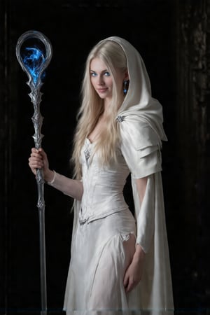 Mysterious Elf Maiden - A sultry pinup-inspired artwork depicts a striking blonde-elf woman solo, indoors, with long hair cascading down her back, framing her enigmatic smile and piercing blue eyes that lock onto the viewer's gaze. She stands confidently in front of a dark, ornate backdrop, adorned in a flowing white dress with armor-like details, a hooded cape billowing behind her like mist. Her pointy ears and delicate earrings showcase her elven heritage. In one hand, she holds a staff, its intricate design glistening like the watermark on her circlet, adding mystique to this enchanting scene.