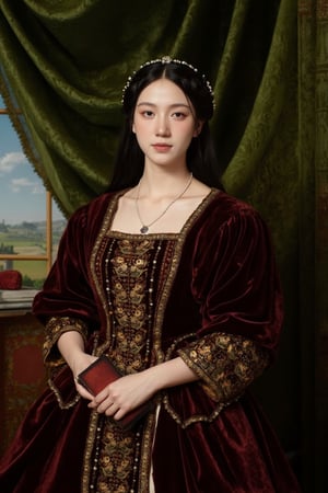 A regal noblewoman posed in three-quarter view, adorned in a sumptuous velvet gown of deep crimson with intricate gold embroidery. Her pale skin contrasts with the rich, dark background, illuminated by soft, directional light that highlights the luxurious textures of her clothing and jewels. She wears an elaborate headdress studded with pearls, and her slender fingers delicately hold a small, leather-bound book. In the background, a green damask curtain is partially drawn to reveal a window with a distant landscape, showcasing a Flemish-inspired vista of rolling hills and a winding river. The portrait should embody the characteristics of High Renaissance art, with meticulous attention to detail, subtle modeling of light and shadow, and a sense of quiet dignity in the subject's expression.,Enhanced all