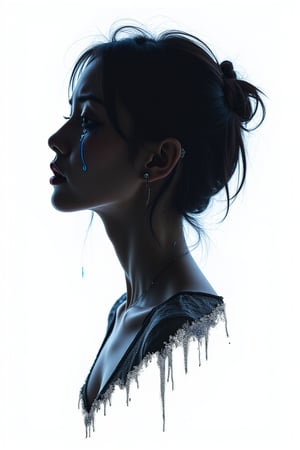 (A simple and elegant portrait depicting the silhouette of a woman crying blue tears on a pure white canvas.The outline uses only black and has a minimalist approach with only clean lines to convey deep feelings of sadness and melancholy. express), Detailed Textures, high quality, high resolution, high Accuracy, realism, color correction, Proper lighting settings, harmonious composition, Behance works,ct-niji2,xxmix_girl,goth person