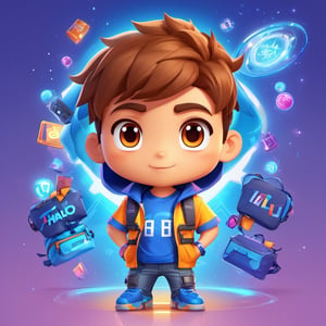 Chibi Mascot with head of a boy, wearing t-shirt that says "Halo",  holding a bag,Split lighting,3d style