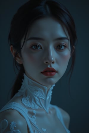 A close-up portrait: A stunning young woman's face fills the frame, her features rendered in soft focus against a dark background. Dimly lit, her ethereal skin glows like moonlit porcelain, highlighting delicate neck and shoulder curves. Her expression balances vulnerability and seductiveness as she poses, inviting the viewer to linger on her enigmatic beauty. The overall mood evokes a sense of mystery, reminiscent of ink-inspired brushstrokes and trending artstation styles.