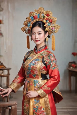 The image is a portrait of a person wearing traditional Chinese attire. The clothing and headdress suggest a historical or cultural context, possibly indicating a role in a performance or a ceremonial dress. The person's pose and the style of the dress imply a sense of grace and elegance. The background is subdued, which serves to highlight the subject. The use of natural light adds to the serene atmosphere of the photograph.