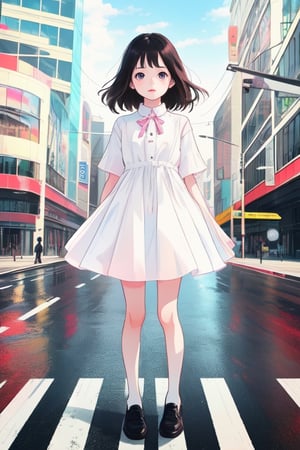  A small girl standing at the center of an intersection, ,Young beauty spirit ,Enhance