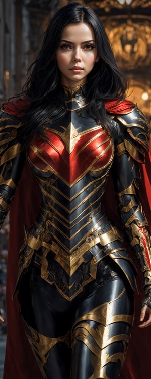 front_view, masterpiece, best quality, photorealistic, raw photo, (1girl, looking at viewer), black long hair, mechanical black armor, intricate armor, delicate gold filigree, black metalic parts, detailed part, red cape, standing pose, detailed background, dynamic lighting,Long Legs and Hot Body,Wonder of Beauty,Enhanced All