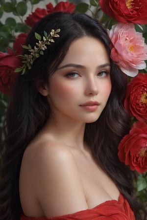 (masterpiece, best quality, ultra-detailed,  8K), high detail,  realisitc detailed, a beautiful young woman with long flowy black hair over off shoulders,  wreath,  radiant and beautiful eyes,  gently closed eyes,  pale soft skin,  kind smile,  glossy lips, details of colorful red roses, a serene and contemplative mood, dark botanical background, fashion shoot, cinematic pose