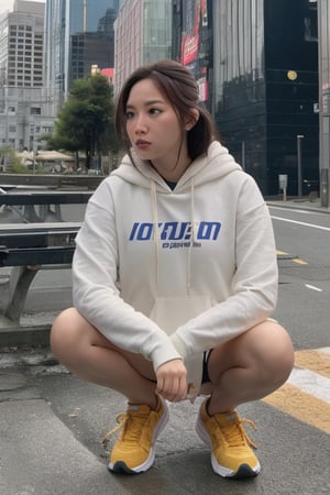 Photorealistic image, full body portrait, girl sitting down squatting, in doubt, hoody, light colors, puzzeled, questiond unanswered, frustrated, alone, highly detailed, cinematic lighting,Provocative,Enhance