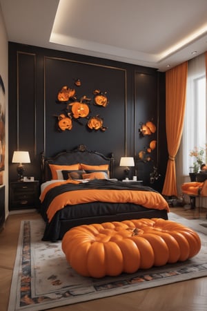 In a sumptuous bedroom, majestic black and orange are main colors, illustrationns halloween pumpkin. Amidst plush furnishings, sleek modern devices glint in soft light, while Halloween decorations subtly infuse whimsy. A stunning, intricately detailed masterpiece awaits, where every element is meticulously retouched for XL- clarity.,halloween architecture