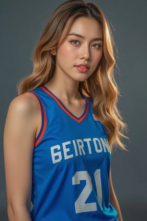 ((Generate hyper realistic full body portrait of  captivating scene featuring a stunning 20 years old girl,)) ((semi side view,)) with medium long blonde hair, flowing curls, little smile, donning a blue basketball  jersey, studio lighting,  piercing, blue eyes, photography style , Extremely Realistic,  ,photo r3al,action shot