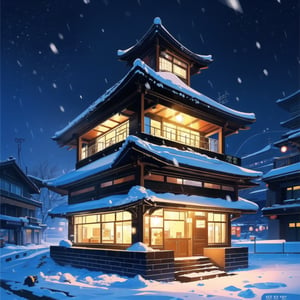masterpiece, high quality,  (2d flat illustration), a house at Seoul Capital of South Korea in a snowy night, new year is coming 