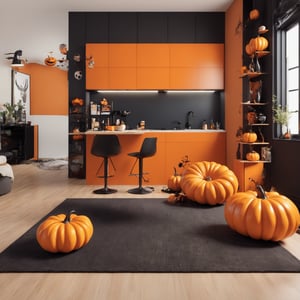 Masterpiece, raw photo, 1 bedroom , minimalistic ,modern style. Black and orange pumpkin colors only, modern equipments, Halloween decorated,Retouch all bugs,more detail XL,Unique Masterpiece