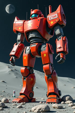 A colossal robot, resembling a majestic spaceship, constructs from an amalgamation of shredded Vietnam flags rises majestically above the diminutive lunar surface. The rust-red hues of the flags blend with the desolate moon's gray terrain, as if the very fabric of reality has been rearranged. In this dreamlike atmosphere, the behemoth robot stands sentinel, its mechanical form an eerie contrast to the celestial backdrop.