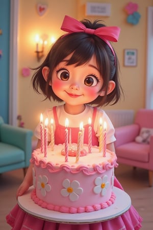 A whimsical anime scene: A curious and cheerful little girl, dressed in a bright pink dress with white flowers, stands proudly in front of a colorful background. She grasps a majestic birthday cake adorned with 12 sparkling candles, its layers towering above her small frame. The warm glow of the candles illuminates her beaming smile, as she gazes directly at the viewer with shining eyes.