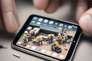Create an detail image in which some miniature workers are repairing a smartphone's internals,  with a tilt-shift effect to enhance realism, Miniature world, full detail.,