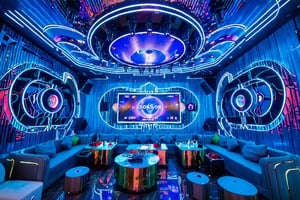 In a futuristic karaoke room, a masterpiece of design unfolds. The ceiling and walls pulse with vibrant blue LED lighting, intricately patterned like a cyberpunk dreamscape. Soft, modern sofas and rounded tables encourage socializing amidst a backdrop of sleek, high-tech ambiance. Multiple screens and speakers seamlessly integrate into the walls, elevating the audio-visual experience to new heights. The air is electric, primed for an epic karaoke session.,3d style,karaoke