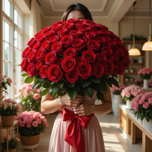 A beautiful woman in a beautiful dress, standing in a flower store, holding a huge bouquet of red roses, occupying the entire upper half of the image. The bouquet contains hundreds of tightly clustered roses with bright crimson petals and dark green leaves forming a spherical top, creating a striking contrast to the foliage. A large shiny red ribbon tied around the stems adds elegance to the bouquet. The lighting is bright and natural, coming from the large windows on the left side, complemented by warm room lamps hanging from the ceiling. In the background, additional floral arrangements on shelves and more potted plants are visible through the interior of the store. The overall mood of the photograph is joyful and festive, and it is enhanced by the bright colors and balanced exposure, creating a festive atmosphere in this well-lit floral space., zaya,Enhanced all,HDR