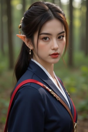 Natural Light, (Best Quality, highly detailed, Masterpiece), (beautiful and detailed eyes), (realistic detailed skin texture), (detailed hair), (Fantasy aesthetic style), (realistic light and shadow), (real and delicate background), ((cowboy shot)), (from high), shinobi, beautiful Indian girl, 23 year old,1girl, lotr elf, amber colored eyes, brown hair, A beautiful young elven ninja, clad in navy shinobi shozoku, with a red sash, stands confidently in a beautiful 
forest landscape.