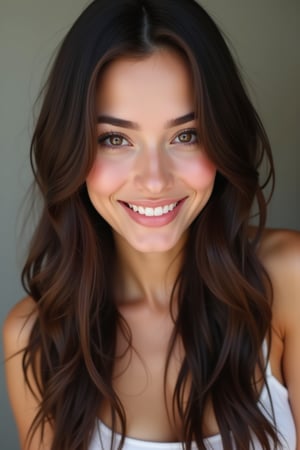 1 young woman, in her 20s, beautiful detailed eyes,beautiful detailed lips, happy face,long eyelashes,brown hair,light and delicate pink blush,sparkling eyes,happy smile, full-body visible,  (((full-body_portrait))), Marlene Favela