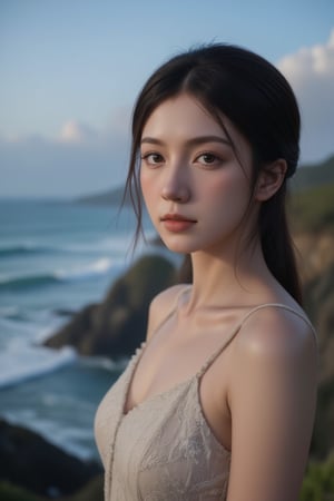 Create an ultrarealistic portrait of a rugged, excited girl with sun-kissed skin and warm blue eyes. Capture her contemplative expression as she gazes out to sea from a secluded cliffside, overlooking the majestic crashing waves.,teenager,Moon,Sea