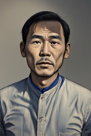 Sketch portrait of a Vietnamese man, circa 1980. . His smooth face, free from whiskers (râu ria), is illuminated by soft, warm lighting that accentuates his gentle features.