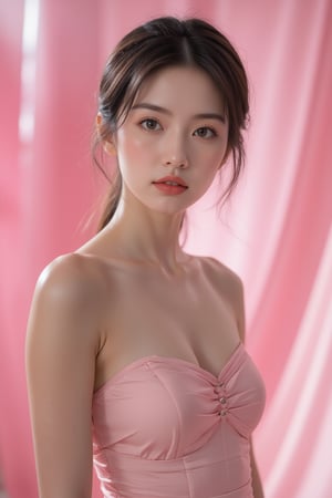 A ravishing young woman stands statuesque against a dreamy, soft focus pink-hued background, her piercing gaze radiates confidence as she commands attention, standing tall with shoulders back and chin held high, her chiseled facial features and subtle curves showcased in crystal-clear detail, drawing the eye to her captivating aura.