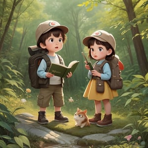 masterpiece, boy and girk kids are standing in the woods with a book, childrens art in artstation, kids book illustration, loish and goro fujita, children book illustration, adorable digital painting, children's book illustration, children’s book illustration, children illustration, childrenbook illustration, childrens book illustration, cute detailed digital art, by Li Song, by Jason Chan,Enhance,perfect light,disney pixar style