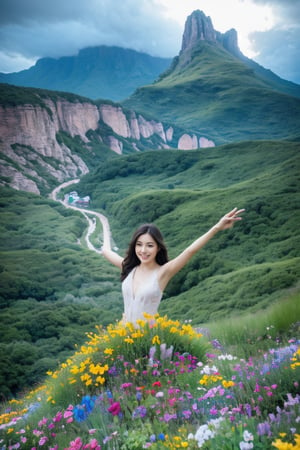 Curious girl with bouquet of vibrant flowers stands at edge of fantastical landscape, surrounded by whimsical Wonderland-inspired scenery. Glowing alien cityscape stretches towards sky, illuminated by soft blue light. Girl's bright smile and outstretched arms welcome extraterrestrial visitors, as if showcasing her own little patch of wonder in this surreal science fiction world.