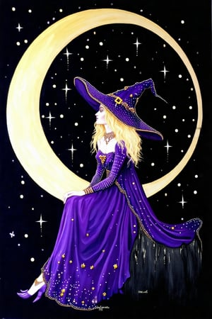 A majestic witch sits regally on a radiant crescent moon, set against a velvety black sky studded with diamonds. Her ethereal beauty is illuminated by the soft glow of nearby stars, casting an otherworldly ambiance. The artwork is executed in exquisite gouache detail, reminiscent of Hieronymous Bosch's and Klimt's finest works.,perfect beauty