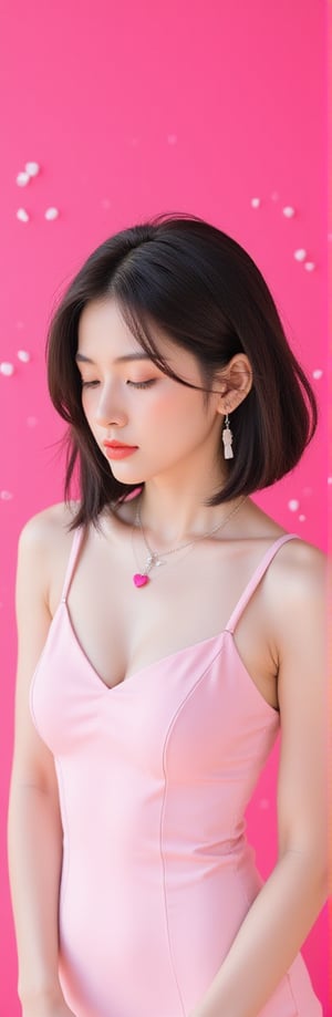 a beautiful young woman stands in front of a vibrant pink backdrop. She is dressed in a light pink sleeveless dress, adorned with a silver necklace and a pink heart charm. Her hair is styled in a sleek bob, adding a touch of movement to her face. Her eyes are closed, as if she's concentrating on something. The backdrop is adorned with tiny white dots, adding depth to the composition.