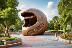 A futuristic structure resembling a gleaming wooden helmet stands tall in a vibrant edutainment park. Realistic enhancements bring the wooden panels to life with intricate carvings and a smooth, honey-brown finish. The building's unique shape commands attention, while surrounding greenery and playful attractions create a lively atmosphere.