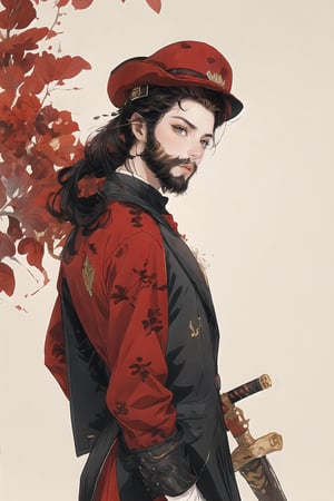 A portrait of a handsome man in slick collared red armored trenchcoat , wearing a red fedora, neck-length wavy hair , 25 years old of age , full beard , white background, serious face expression, red eyes , wearing a thin black turtleneck , reddish hair,The Dark Huntsman ,black steel cane ,sword on the back , blend, bright eyes