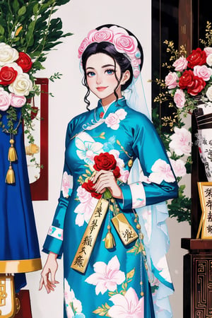 masterpiece, best quality, illustration, 1girl, wear aodaicuoi, manga, background is wedding concept, by toriyama 