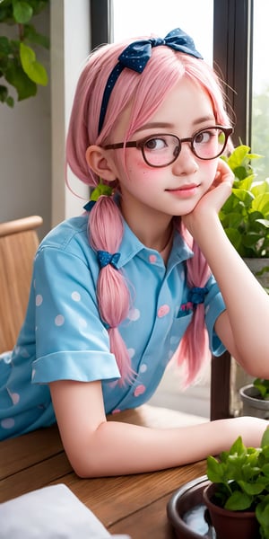 Cute innocent childlike pink-haired 14 years old girl wearing cute pink girly ribbons polka dots frills charismatic blush pigtails freckles glasses, close-up portrait, looking out of a window, farm, hay stacks, greenhouse, flower pots, plants,Wonder of Art and Beauty,Enhance,SGBB,wonder beauty 