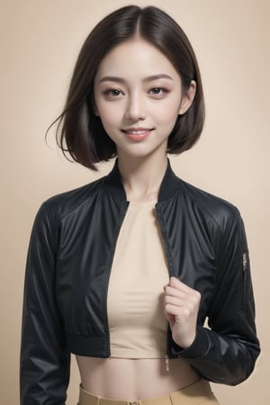 4k,best quality,masterpiece,1girl,(cropped jacket),(demin pant), smile
Detailed face, detailed eyes, double eyelids ,thin face, real hands,
((short hair with long locks:1.2)),brown-hair, white background,


real person, color splash style photo,
,Add Art more
