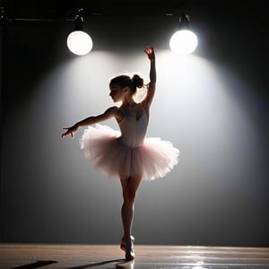 A 10-year-old ballerina's slender figure glows against the darkness, her tutu fluttering like a wispy cloud as she en pointe. The stage lights illuminate her delicate features and flowing hair, while the shadows behind her create an eerie silence. Her arms stretch up to the sky, a beautiful arabesque pose, as if defying gravity itself.