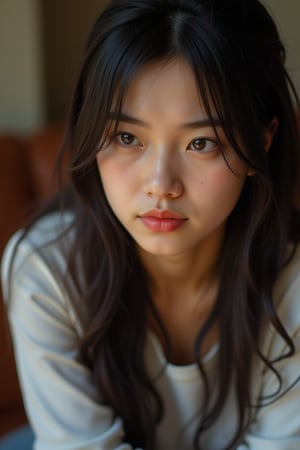 A close-up shot captures the determined gaze of a high school-aged Asian woman, her eyes locked intensely on some unseen point. Her dark hair falls in loose waves around her face, with a few stray strands framing her features. A soft, warm light illuminates her skin, highlighting the subtle contours and freckles scattered across her nose. She sits comfortably, one hand resting lightly on her knee as she leans forward slightly, exuding confidence and focus.