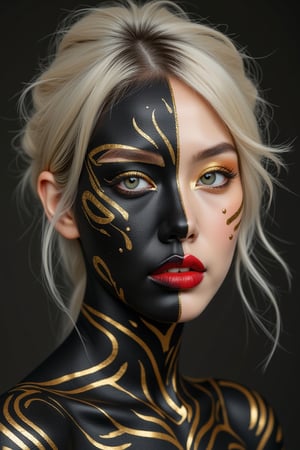 An image of a woman with a hyperrealistic style, showcasing an elaborate body paint design. The skin should be painted in segments of black, gold, and black, with patterns that mimic flowing lines and dots. The face features an asymmetrical mask-like effect, with one eye highlighted in gold and the other in black, complemented by matching eyeshadow. The lips are a vibrant red, contrasting with the face paint. The figure's blonde hair is tousled, enhancing the fantastical element. The image should blend the precision of hyperrealism with the creativity of fantasy body art.,HDR,Enhanced all,cyborg