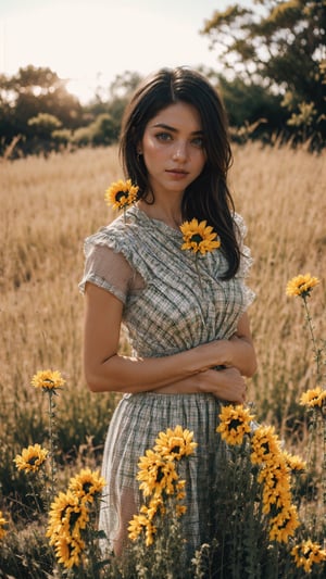 woman, flower dress, colorful, darl background,flower armor,green theme,exposure blend, medium shot, bokeh, (hdr:1.4), high contrast, (cinematic, teal and orange:0.85), (muted colors, dim colors, soothing tones:1.3), low saturation,Perfect Sun Lighting