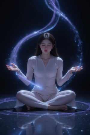 A dreamlike still life: A young girl, eyes shut in contemplation, sits cross-legged against a star-speckled blackness, surrounded by ethereal wisps of purple and blue gas. Her palms-upward hands appear to harness celestial energy. Soft luminescence highlights the swirling galactic dust, as if moonlight danced across the cosmos. Wonder-filled beauty emanates from her serene profile.