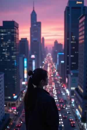 (masterpiece, best quality), (busy city,bustling atmosphere,silhouette of a teenage girl at the top of a building looking down at the street), dusk, neon lights, high-rise buildings, twinkling cityscape, energetic pedestrians, rushing traffic, vibrant colors, urban metropolis, hustle and bustle, modern architecture, skyscrapers, city lights, asphalt roads, flickering street lamps, urban soundscape, blurred motion of cars and people, urban sprawl, city at night, nightlife, teenager's contemplative stance, isolated figure, loneliness in the crowd, ethereal atmosphere, mysterious aura, reflection of city lights on the windows, warm glow of the setting sun, exciting energy, imposing shadows, towering skyscrapers, rebellious spirit, expansive city view, vivid vitality, metropolitan dreamscape, urban exploration, romanticized chaos, captivating skyline, anonymous faces, concrete jungle, raw emotions, inspiring heights, clenched fists, hazy skyline, endless possibilities,Enhanced All,ghibli,cyber