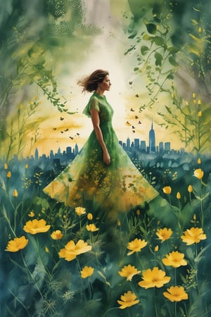 a photograph of a double exposure of a woman standing in front of a city skyline, her silhouette filled with the intricate details of botanical illustrations. The flowers matched her dress, transforming her into a powerful nature goddess with the concrete jungle at her command.,Replay1988,Melody