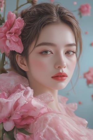 A statuesque figure stands tall amidst a serene backdrop of pink lotuses, bathed in soft, cool-toned light that highlights vibrant hues and tactile textures. The subject confidently poses with sharp lines and defined curves, its high-definition skin texture seemingly within reach, as the isometric composition guides the viewer's gaze to trendy fashion elements harmoniously aligned, frozen in a moment of artful stillness.,pink art. Effect: HDR, highest resolution.