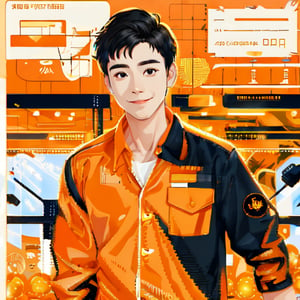 solo, looking at viewer, smile, short hair, shirt, black hair, 1boy, closed mouth, upper body, male focus, solo focus, black eyes, pocket, realistic, breast pocket, orange shirt, orange jacket,2D Flat Illustration