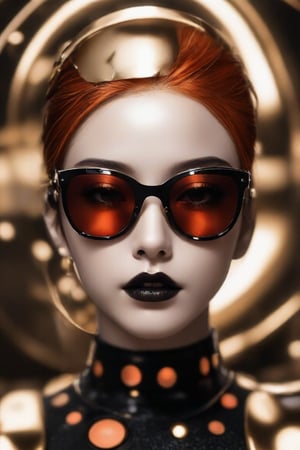 The image depicts a portrait of a person with stylized features. The a woman wears and wears black dots on her head, in the style of futuristic fantasy, 3d, metallic sculpture, elegant, emotive faces, dark Orange and red and light silver,her eyes wearin a futuristic sun glasses algorithmic artistry, high resolution. The background is blurred with hints of gold tones, which serve to highlight the subject without distracting from the intricate details of the jewelry and makeup.,1girl,Supreme