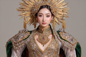 The image presented is a portrait of a young individual dressed in what appears to be a stylized historical or fantasy costume. The attire includes a headpiece resembling a sunburst, which is often associated with regal or divine status in various cultures. The jewelry and accessories suggest a high-status figure, possibly from an ancient civilization. The backdrop is neutral, ensuring that the focus remains on the subject and their elaborate attire. There are no background elements to describe as it is a solid color. The portrait is likely intended to capture the elegance and grandeur of the costume, rather than to convey a specific narrative or setting.