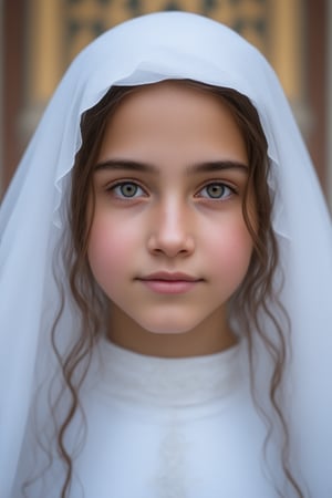 A Byzantine style girl in monastery, white head-cloths and veils. (masterpiece, top quality, best quality, official art, beautiful and aesthetic:1.2), (1girl:1.4), portrait, extreme detailed, highest detailed, simple background, 16k, high resolution, perfect dynamic composition, bokeh, (sharp focus:1.2), super wide angle, high angle, high color contrast, medium shot, depth of field, blurry background