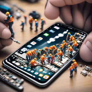 Create an detail image in which there is a group of miniature people are repairing a smartphone's internals,  with a tilt-shift effect to enhance realism, Miniature world, full detail.