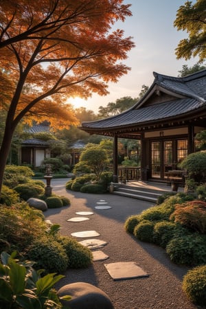 Create an image of a serene Japanese Zen garden in autumn, with a focus on the garden's natural beauty and tranquility. The scene should be framed with a wide-angle view, showcasing the garden's meticulous landscaping, featuring gravel paths, stone lanterns, and carefully arranged rocks. The lighting should be soft and warm, highlighting the vibrant autumn colors of the surrounding trees, with leaves in shades of orange, red, and yellow gently falling to the ground. The composition should emphasize the garden's harmony and balance, with a sense of peace and contemplation.