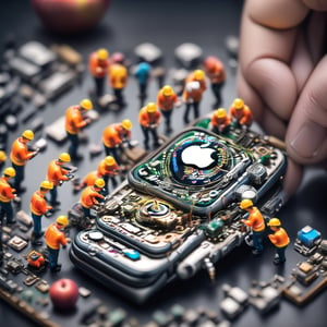 Create an detail image in which there are many groups of miniature people are repairing a Apple Watch's internals,  with a tilt-shift effect to enhance realism.,,Miniature world