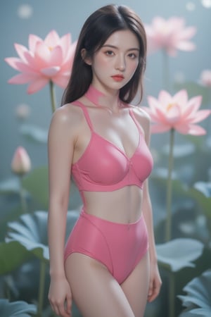 A young Asian woman stands confidently against a stark lotus background, wearing a vibrant pink two-piece swimsuit that cascades down her shoulders like a fiery waterfall. Her long hair flows behind her as she poses, her piercing blue eyes sparkling with confidence and her darker pink lips curled into a subtle smile. The bold color of the swimsuit creates a striking contrast with the neutral background, drawing attention to her radiant features.