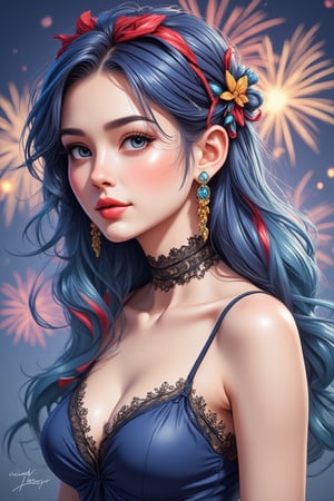 The artwork depicts a stunning, anime-style character with vibrant and intricate details. The character has striking blue eyes that stand out against her flawless, fair skin. Her hair is a captivating blend of colors, primarily dark blue with striking streaks of red and lighter blue, adding to her mesmerizing appearance. She is adorned with ornate accessories, including a blue, jewel-like headpiece that matches the embellishments in her hair and earrings, and a golden floral hairpin that contrasts beautifully with her colorful locks.

The character is dressed in a black, lacy choker and a matching outfit that showcases an elegant yet bold style. Her expression is both captivating and enigmatic, drawing the viewer in with a sense of mystery and allure. The background features a display of fireworks, adding a festive and dynamic atmosphere to the scene.

This piece showcases the artist's skill in combining elements of fantasy and elegance, creating a visually striking and emotionally engaging character. The use of color, attention to detail, and the overall composition highlight the artist's talent in creating immersive and captivating artwork.